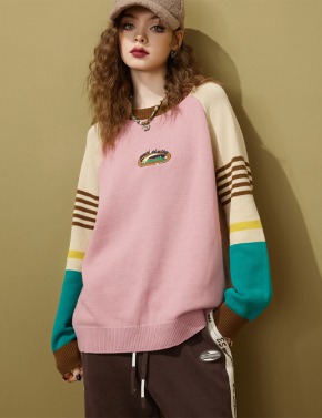 [20%할인] 2022 하반기 NEW 컬렉션 홍콩백화점 수입 신상 투톤 COTTON100% 면 스웨터 자수장식 고급 면소재를 이용한 프리미엄 상품! 옐로우, 핑크, 퍼플 3COLOR (S~L)